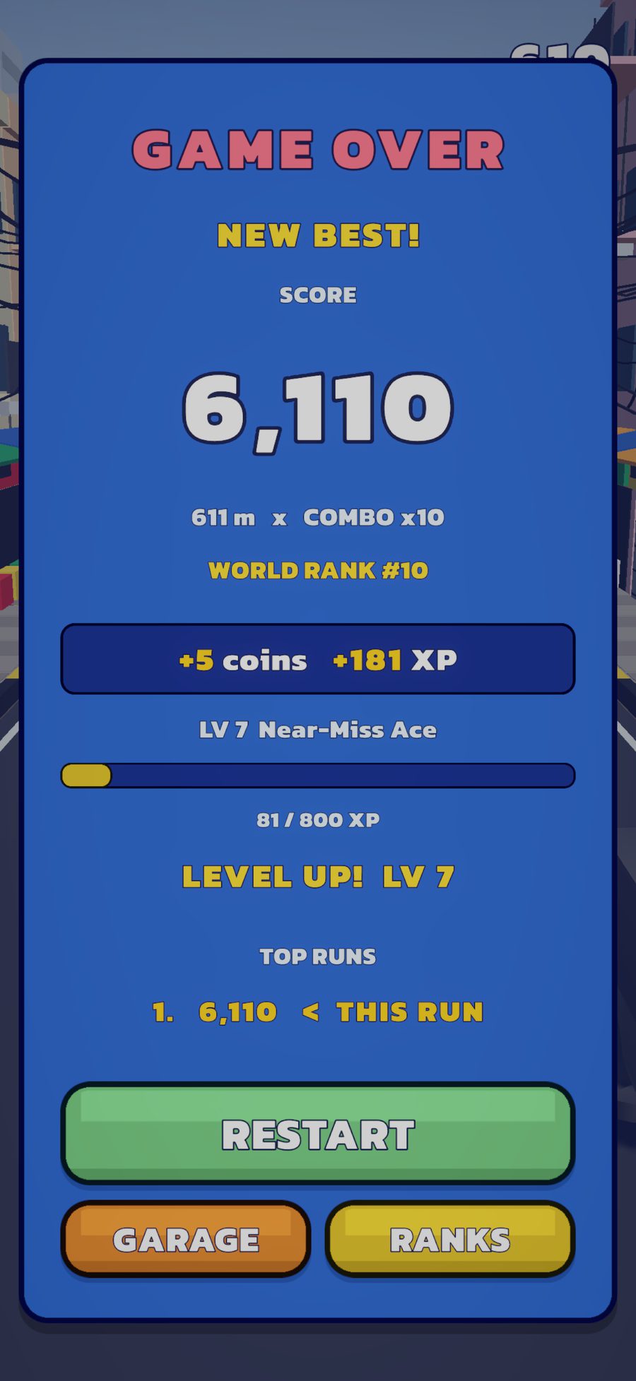 Game over screen with score, world rank, coins and XP earned