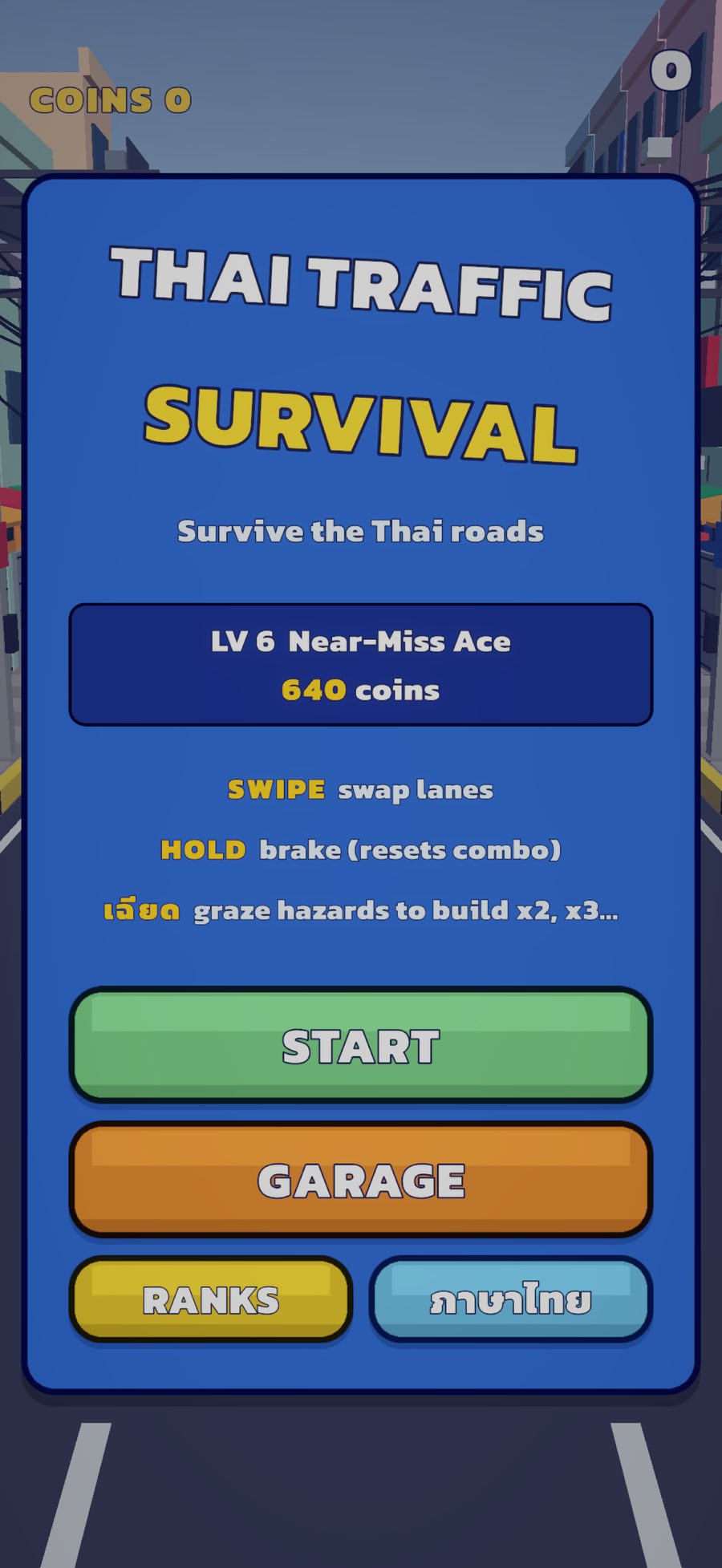 Start screen with the game title, level, coins and play, garage and ranks buttons